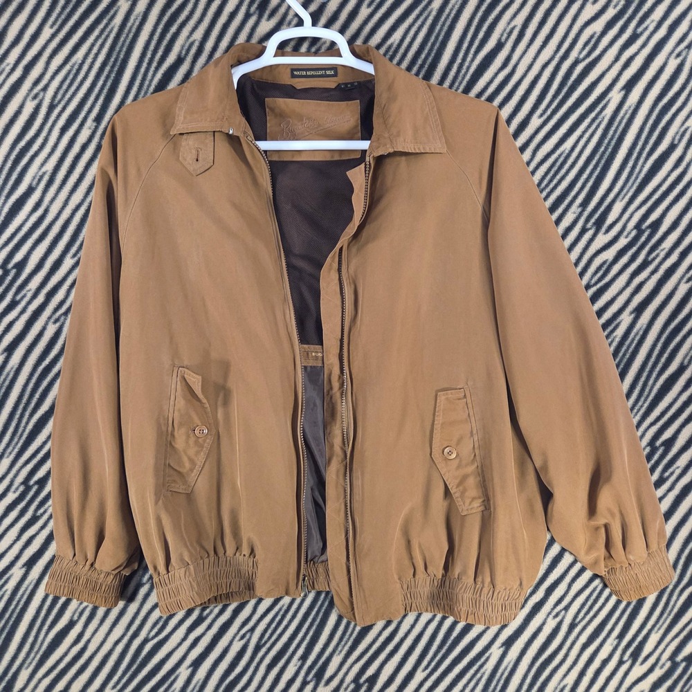 Vintage 90s Bugatchi Uomo Y2K Silk Bomber Jacket Tan Water Repellent Mens M